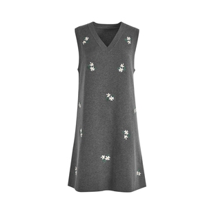 阔色灰色刺绣背心连衣裙女2025秋冬季新款v领外搭针织毛衣短裙