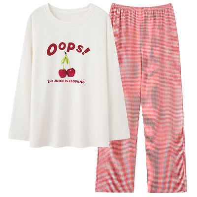 啄木鸟带胸垫睡衣女春秋季纯棉长袖长裤套装可外穿甜美新款家居服