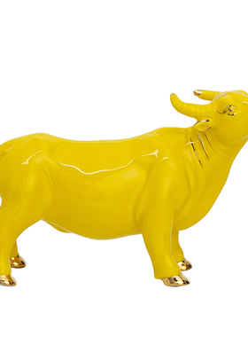 黄色陶瓷牛摆件招财镇宅十二12生肖瓷器牛客厅招财黄牛风水吉祥物
