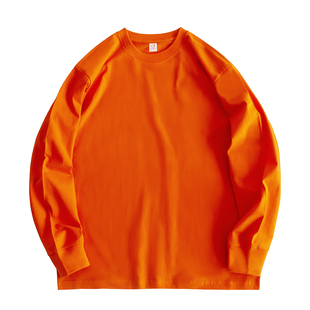 秋季新款橙色 橘色重磅纯棉打底衫圆领上衣BF风长袖T恤男女宽松潮