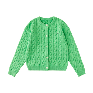 棵初2026早春新款中大女童棉羊绒毛衣开衫纯色四叶草绞花针织外套