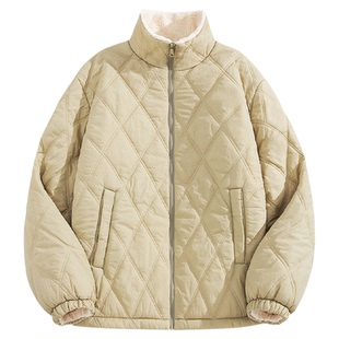 回力立领棉服男过冬季一体羊羔绒袄子东北超厚防寒菱形格外套毛Y