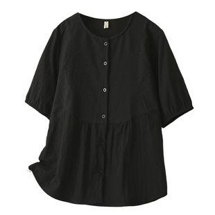 大码女装夏季新款收腰显瘦短袖压皱衬衫韩版宽松小清新娃娃衫上衣