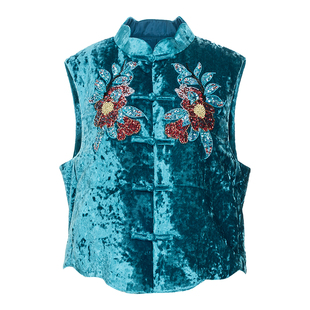 花木深新中式丝绒棉马甲手工立体珠绣坎肩背心女新款盘扣刺绣马夹