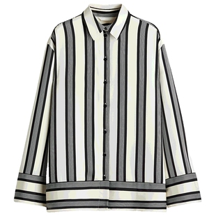 HM女装衬衫春季智性条纹美学设计感条纹内搭翻领长袖上衣1241165