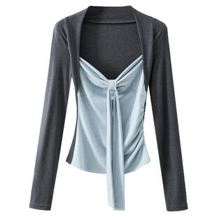 夕蒙2026新款春季韩系气质上衣小个子小众修身短款假两件长袖t恤