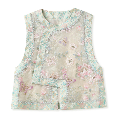 新中式重工花卉真丝刺绣圆领马甲