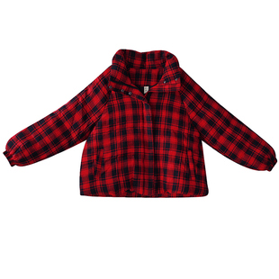 现货【格子情书】复古黑红格子白鸭绒羽绒服女冬短款保暖亚麻外套