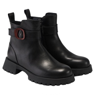 fed粗跟马丁靴冬季新款女靴厚底真皮短靴黑色机车靴女S1128-YA072