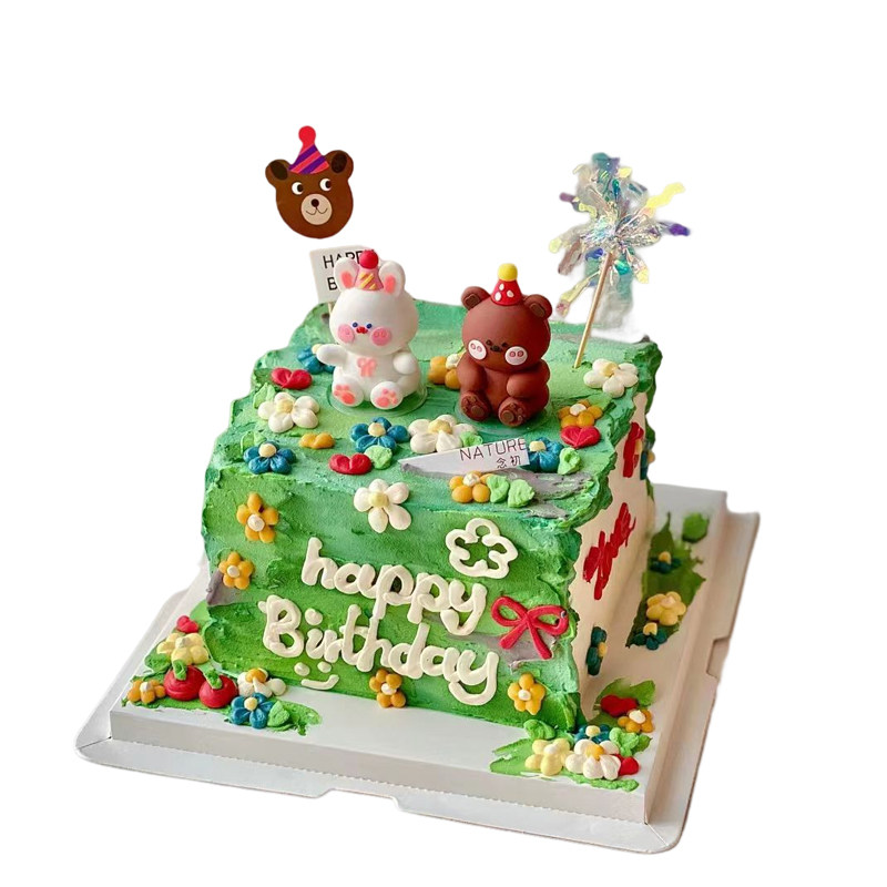 小熊小兔生日蛋糕装饰摆件周岁派对甜品台帽子卡通软胶小白兔动物