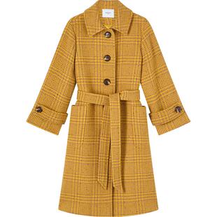LK BENNETT娇黄色格纹绵羊毛大衣冬新款翻领大纽扣腰带设计