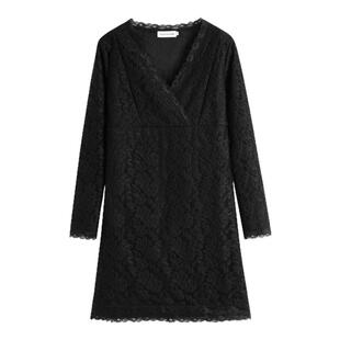 加绒加厚v领蕾丝衫中长款连衣裙秋冬新款长袖显瘦t恤保暖打底衫女