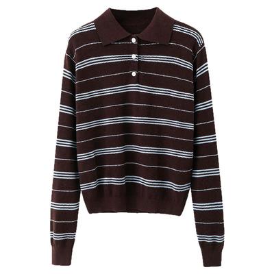 夕蒙2025新款秋韩系小众上衣高级慵懒咖色Polo领条纹长袖针织衫女