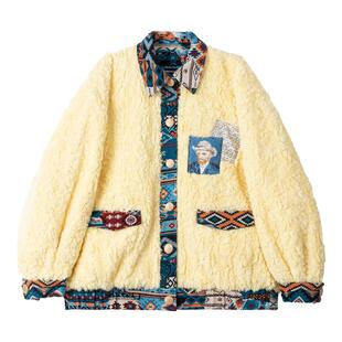 KEIKO [绗缝夹棉] 提花拼色羊羔毛棉服女2025冬季时髦毛绒系外套