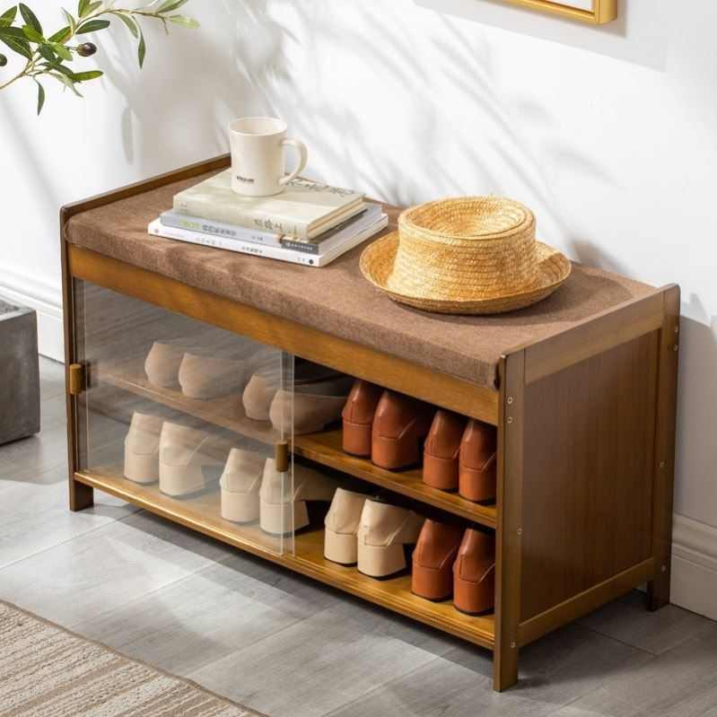 换鞋凳家用门口可坐式穿鞋凳入户鞋柜坐凳一体软垫进门鞋架子竹木