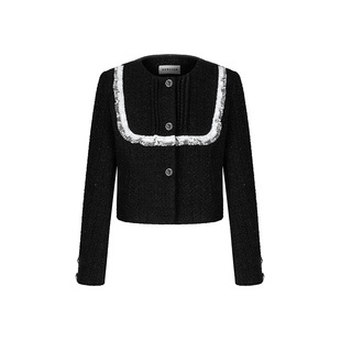 HERLIAN 2025年春季新品撞色木耳边装饰粗花呢圆领外套