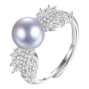 珍珠戒指akoya女海水珍珠真多麻色开口可调节法式天使之翼手饰品