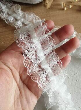 新品 4CM宽白色双层弹力蕾丝花边褶皱松紧服装装饰袖口娃衣手工di
