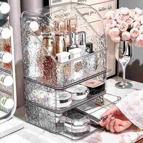 化妆品收纳盒抽屉式家用桌面透明收纳护肤品口红防尘置物架梳妆台