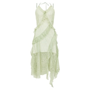 FLONAKED 青草绿吊带不规则荷叶边修身连衣裙 300170