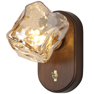 中古风卧室床头壁灯复古新中式胡桃木色走廊客厅侘寂玻璃冰块白球