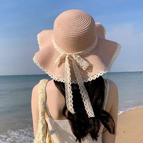 2025新款帽子女法式蕾丝蝴蝶结海边帽草帽编织夏季度假大防晒帽檐