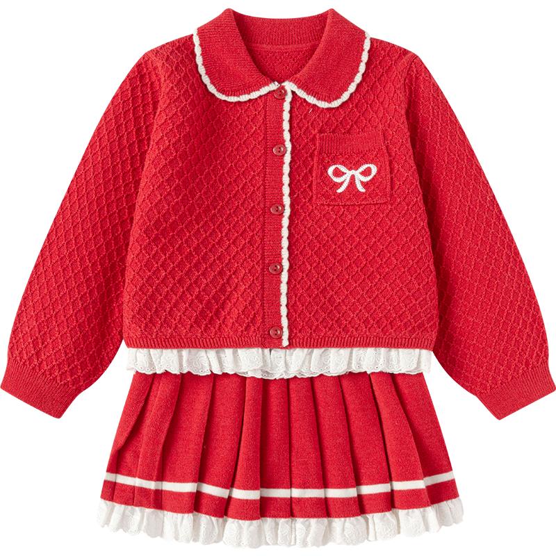 巴拉巴拉女童裙子套装红色毛衣春