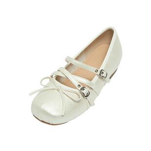 三福女单鞋夏季果系少女双带扣蝴蝶结浅口芭蕾舞女鞋855179
