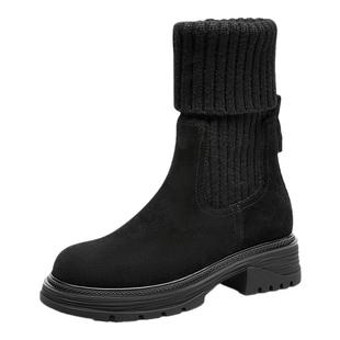 金利来弹力袜靴女冬季女鞋加绒保暖休闲厚底黑色显瘦毛线筒短靴女
