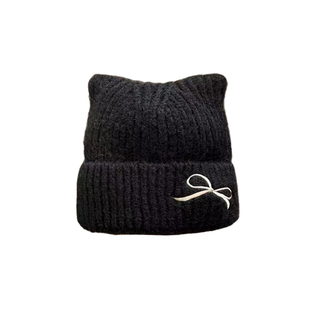 柳智敏同款黑色猫耳朵蝴蝶结帽子秋冬气质冷帽时尚百搭保暖护耳帽