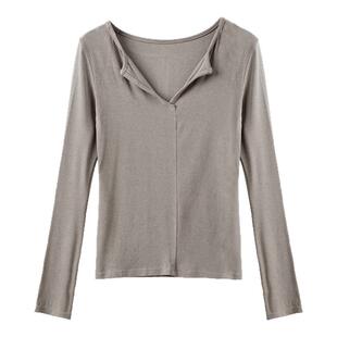 V领打底衫女士高品质内搭设计感上衣春秋长袖t恤纯色打底衣莫代尔