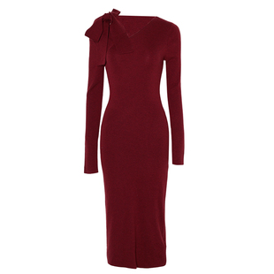 DPLAY2026年春季新款红色系带针织连衣裙女修身含绵羊毛长款裙子