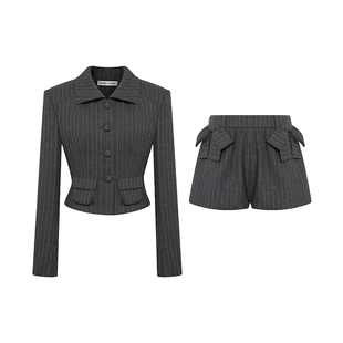 Maison Wester冬季流行灰色条纹短款西装外套蝴蝶结花苞短裤套装