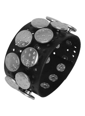 星星圆盘纽扣黑牛皮孔眼朋克手链