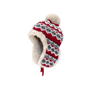 日系民族风提花针织帽子女秋冬季加绒雷锋帽出游滑雪帽护耳毛线帽