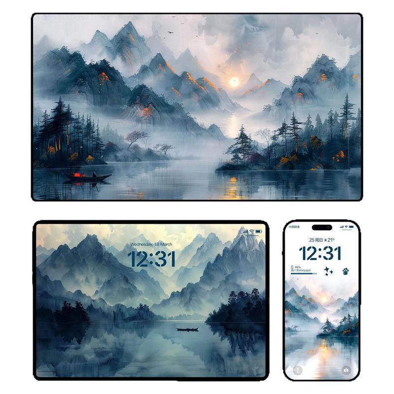 水墨山水画高清壁纸4KiPhone手机苹果平板电脑ipad插画壁纸素材图