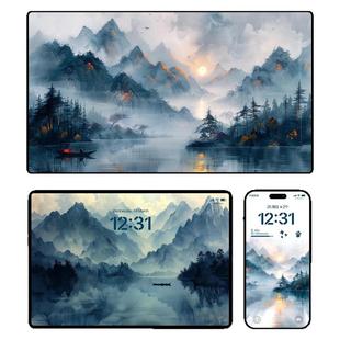 水墨山水画高清壁纸4KiPhone手机苹果平板电脑ipad插画壁纸素材图