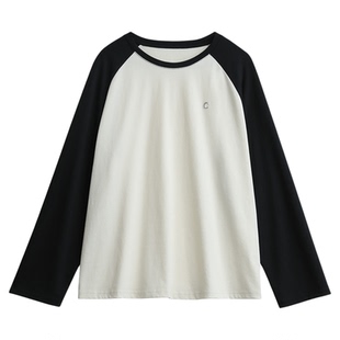 CV大码女装 秋季新款撞色插肩袖T恤雪花棉休闲长袖打底衫女胖妹mm