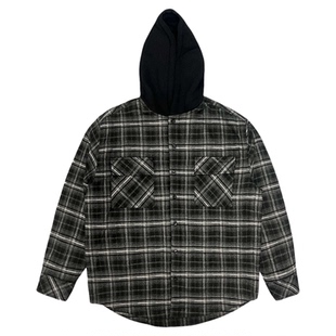 YUANQ25AW黑格子美式夹棉帽衫小众男女宽松休闲百搭衬衣外套上衣