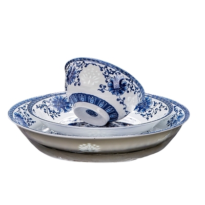 鹏博高白泥青花玲珑釉下彩碗盘