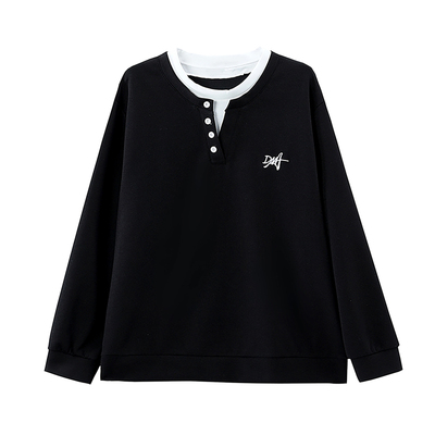 大码欧货加绒假两件刺绣卫衣