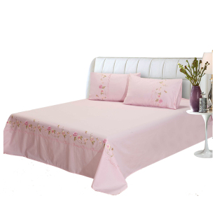 纯棉床单三件套祼睡床上用品北欧风粉色绣花单人双人全棉被单单件