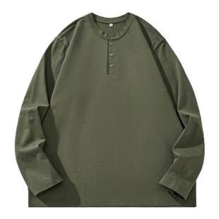 纯棉复古亨利领长袖t恤男秋季2025新款美式潮牌宽松阿美咔叽上衣