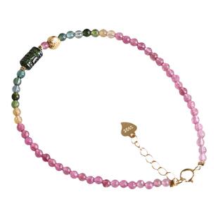 天然回纹珠彩虹碧玺一物一图手链S925银包金配饰国风小清新款珠链