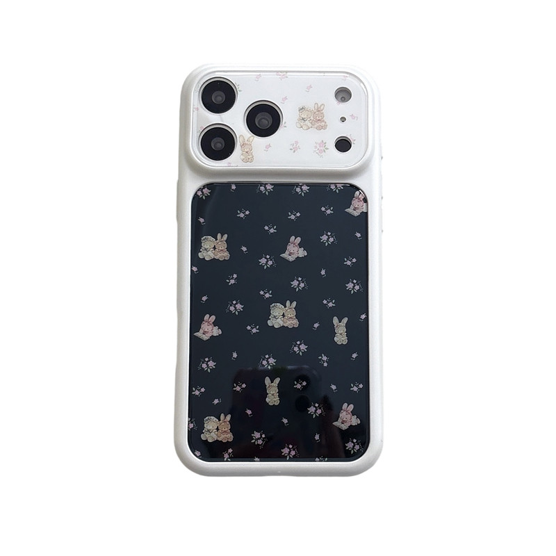 白框黑底碎花兔子适用iphone秒变苹果17promax小众16pro时尚15女生甜美包相机ai键一体亮面大视窗精孔手机壳