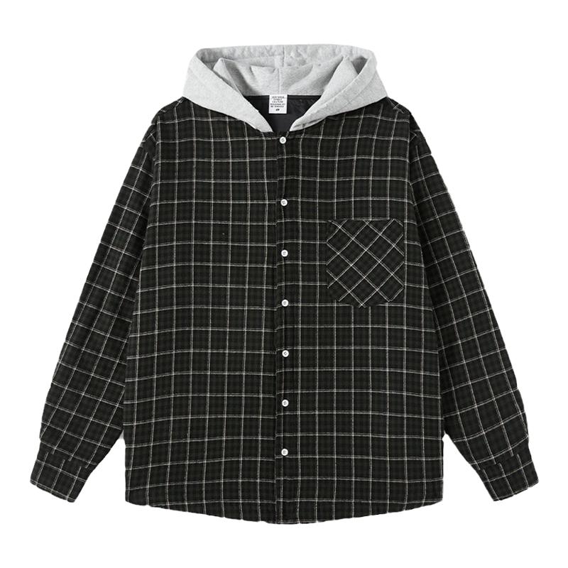 简约百搭美式复古格子夹棉服外套男女连帽格纹连帽衬衫宽松os外套