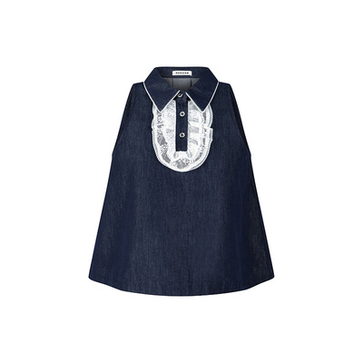 HERLIAN春季新品蕾丝拼接无袖原色牛仔上衣