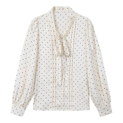 弥古法式波点衬衫女气质蝴蝶结飘带衬衣春季宽松内搭正肩长袖上衣