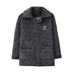 超厚三层单独冷天可外穿法兰绒中老年人秋冬天一件夹棉睡衣男上衣