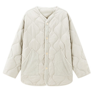 德玛纳拼接灯芯绒葫芦绗线棉衣女25冬季新款简约中长保暖棉服外套